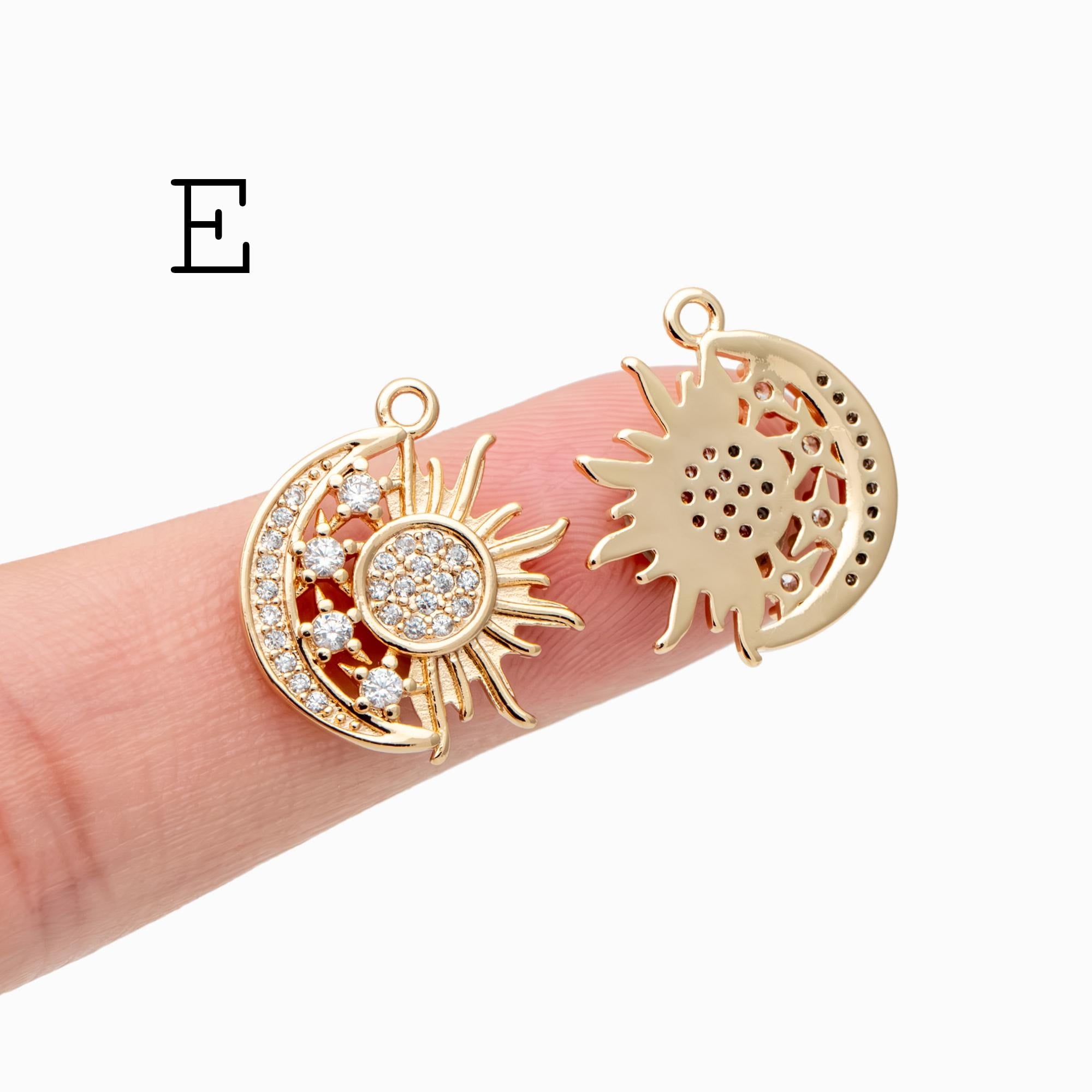 4pcs Gold Sun Moon Star Charms, 18K Gold plated Brass, CZ Pave Celetial Pendants (GB-2991)